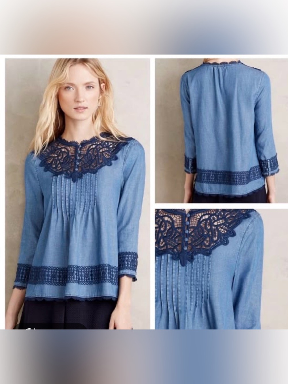 Anthropologie holding horses Light Blue Chambray Blouse with Navy Lace Trim